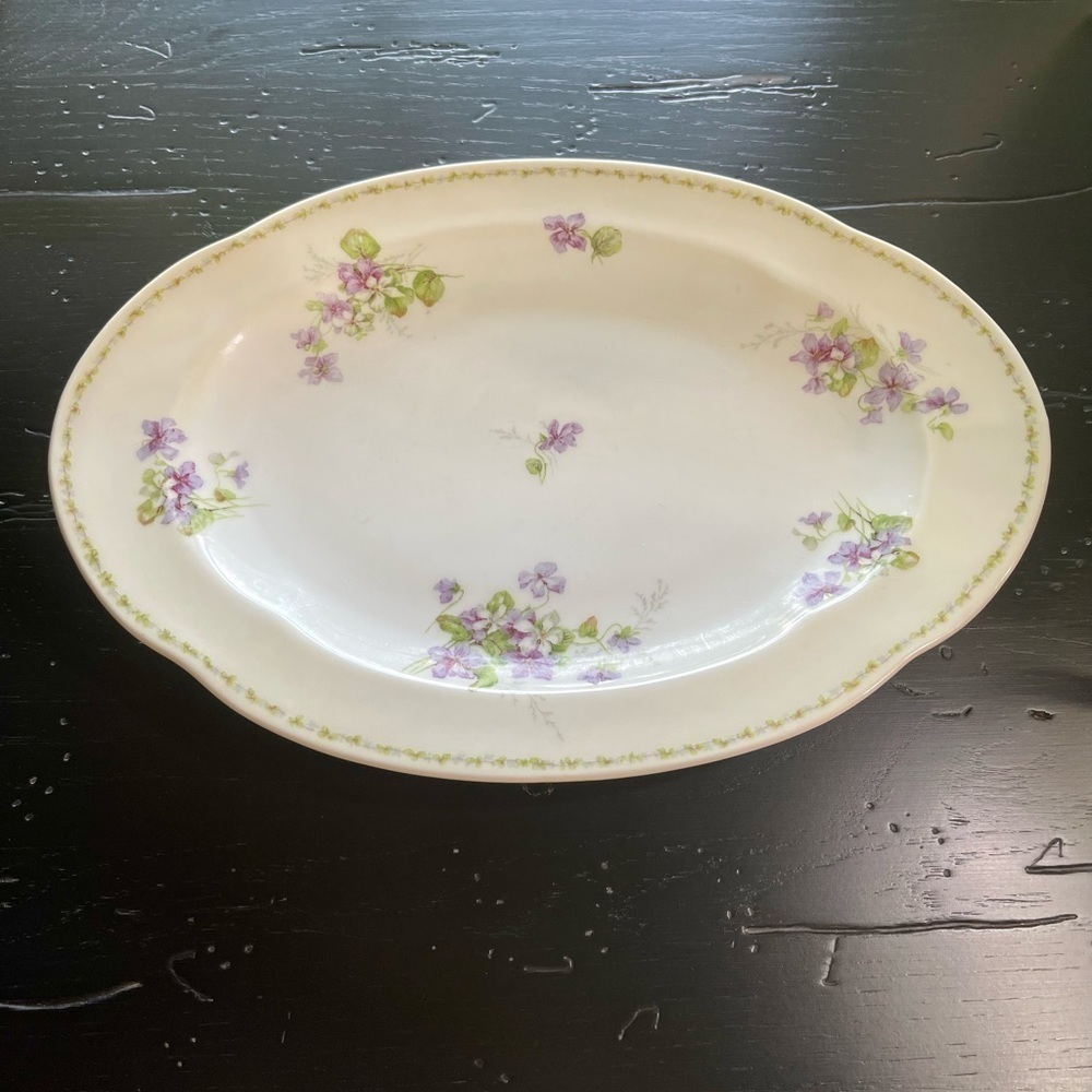 VINTAGE, B&T LIMOGES FRANCE, 12” PLATTER. PURPLE VIOLETS ON WHITE BACKGROUND.